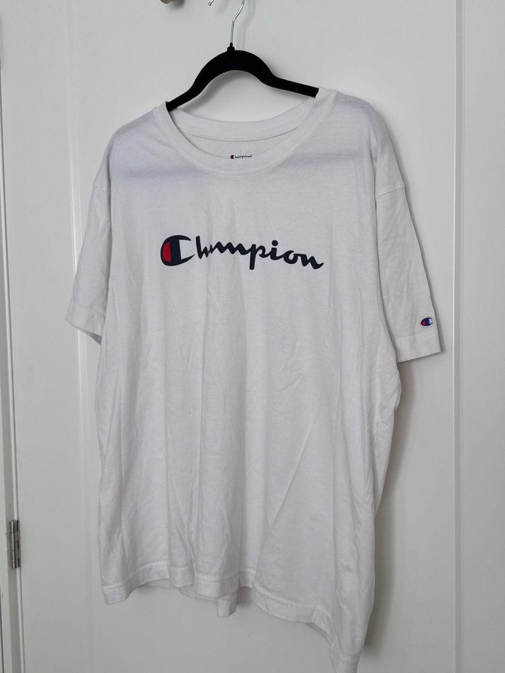 Champion White Short Sleeve Logo Tee with Navy & Red Accents